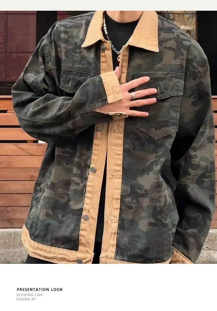 Men's Camouflage Denim Jacket Autumn Washed Turn down Collar Single-Breasted Long Sleeve Loose Fit Vintage Workwear Street Style