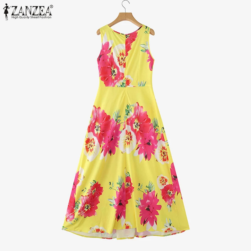 ZANZEA Women Floral Printed Bohemian Sundress 2026 Summer Tank Dress Fashion Sleeveless Waisted Robe Casual Party Maxi Dresses
