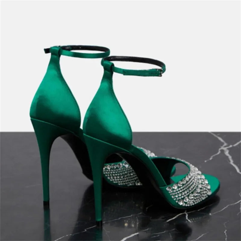 Summer 2023 Internet Celebrity Rhinestone Open Toed Sandals Fashion Round Toe Slim Heel Sandals Sexy Wrapped Party Sandals 35-43