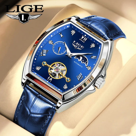 LIGE Luxury Mens Rectangular Dial Mechanical Watches Waterproof Leather Automatic Luminous Watch Business Men relogios masculino
