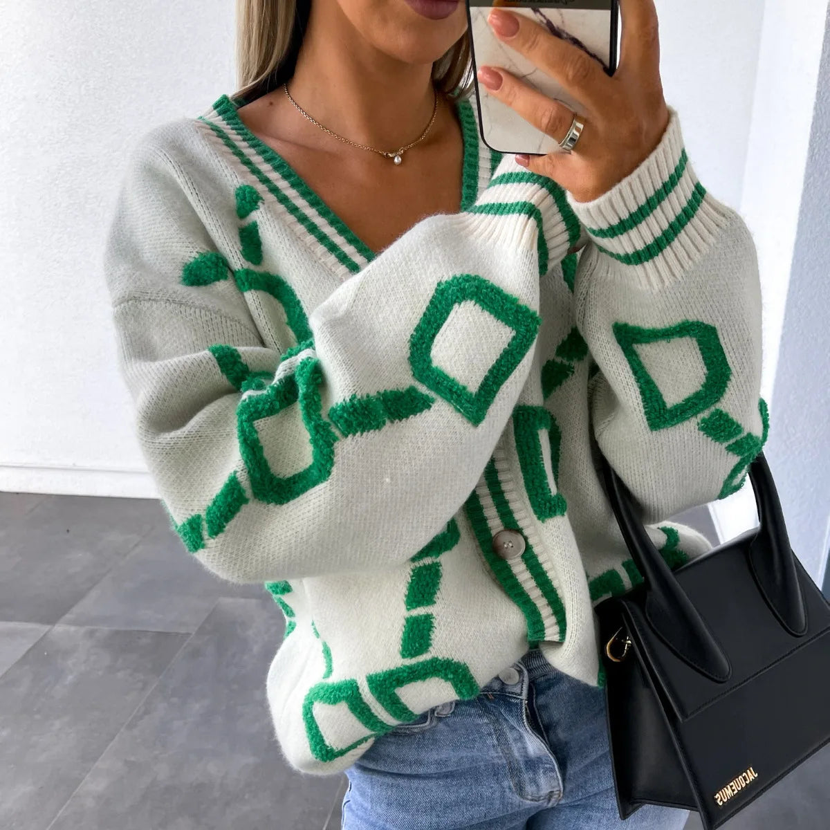 Autumn Winter Jacquard Knitted Coat Women Fashion V-neck Long Sleeve Single Breasted Knitting Cardigan Coats Female Streetwear