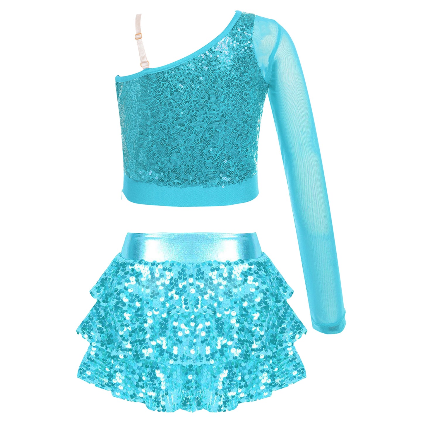 Kids Girls Dance Dresses Latin Jazz Modern Dance Show Costume Sequin Long Sleeve Crop Tops and Skirted Culottes Cheer Dancewear