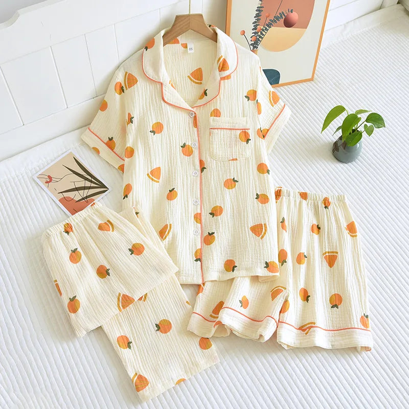 Women's short sleeve trousers home service cotton yarn thin pajama set spring and autumn cotton home service suit