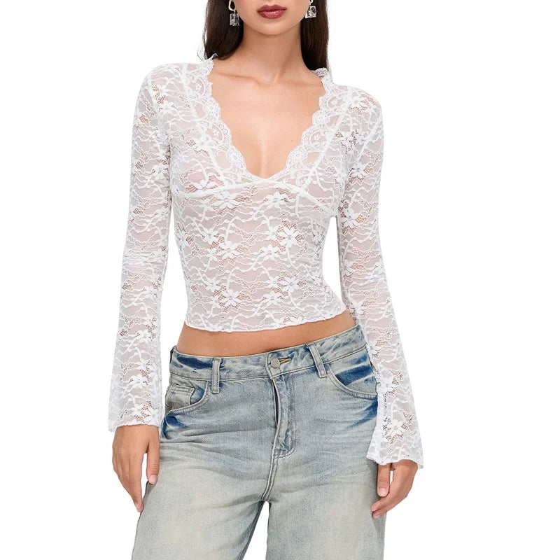 Xingqing Aesthetic Lace Top Women Sexy Clothing See Through Deep V Neck Flared Long Sleeve T Shirts Party Clothes Clubwear