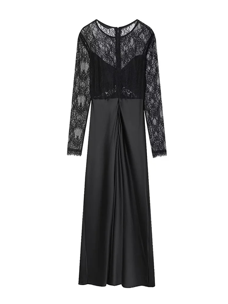 Lace Patchwork Long Evening Dress With Sheer Sleeves For Women Clubwear