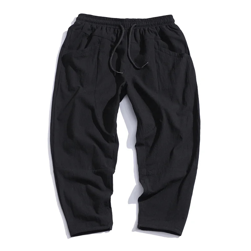 100% Cotton Men's Summer Casual Loose Pants Trendy Japanese Style Cropped Pants for plus Size Men up to 5XL
