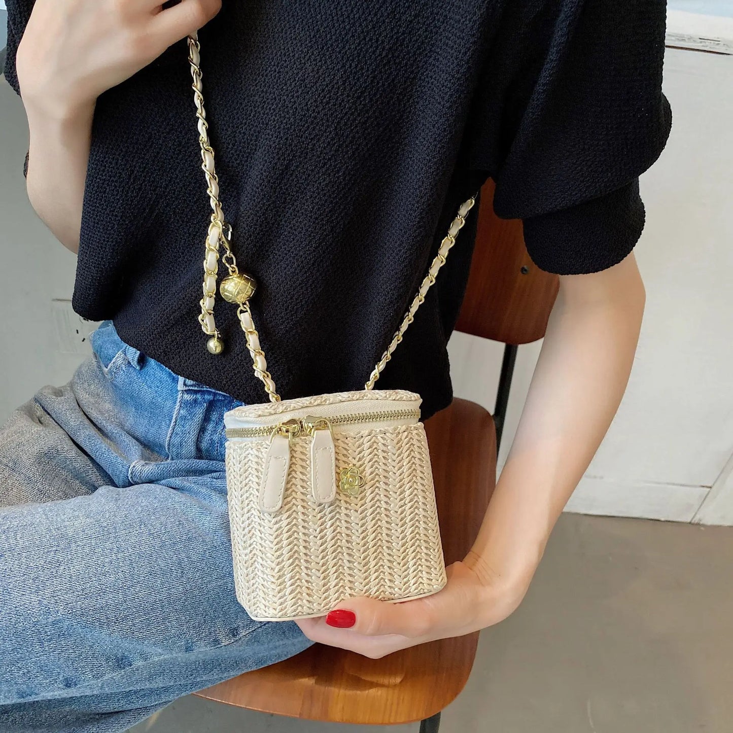 2023 Mini Straw Bucket Crossbody bag For Women Summer Weave Women's Brand Handbags And Purses Fashion Chain Simple Shoulder Bags