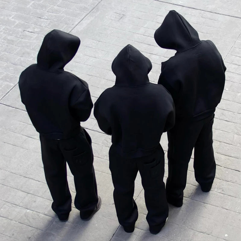 Men's Casual Solid Hooded Pullover Straight Pants 2 Piece Set Tracksuit For Fashion Loose Hoodies Sweatshirt Wide Leg Sweatpants