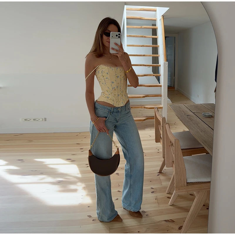 Floral Printed Fish-bone Tank Tops Women's Slim Sleeveless Back Lace-up Waist-cinching Blouses 2026 New Ladies Summer Outfit