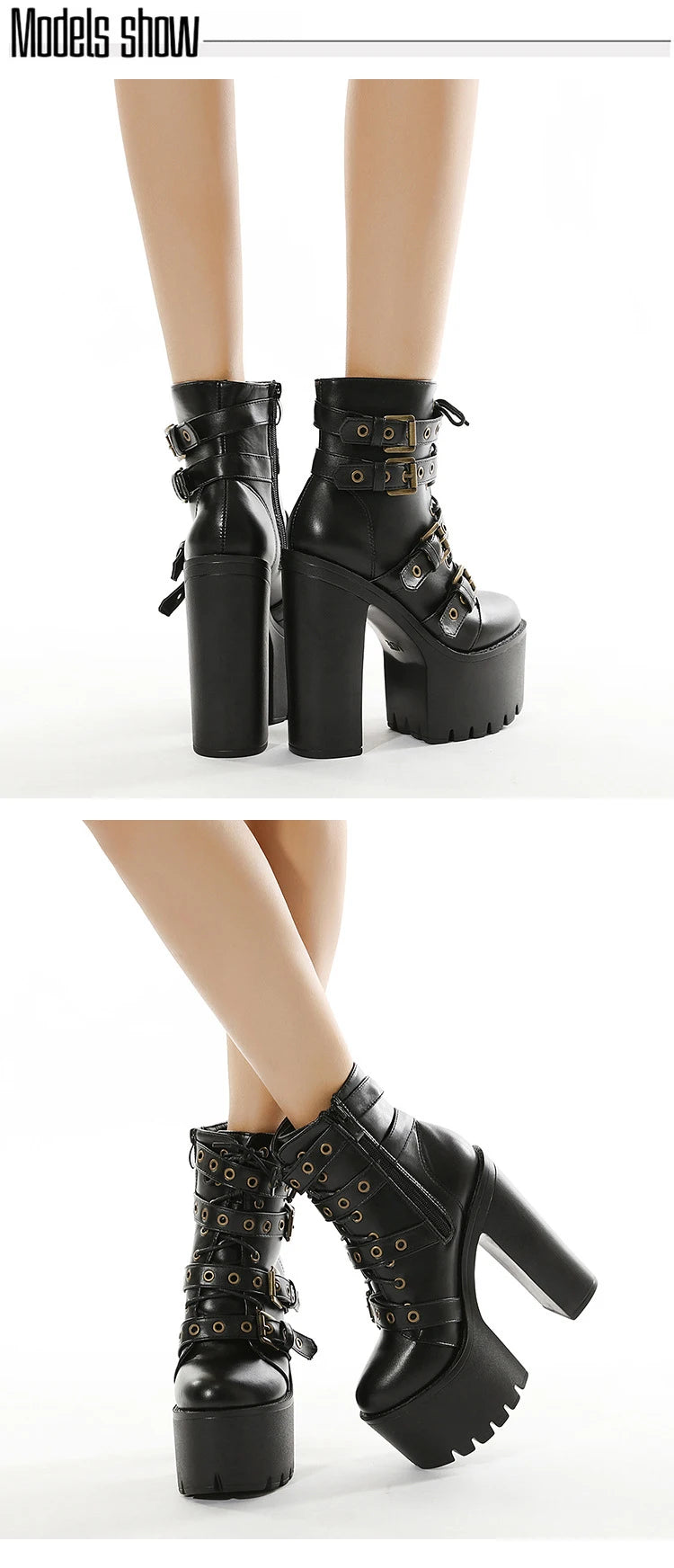 Zip Up Platform Ankle Boots High Heels Round Head Black Leather Goth Studded New Rock Combat Punk Women Shoes On Offer