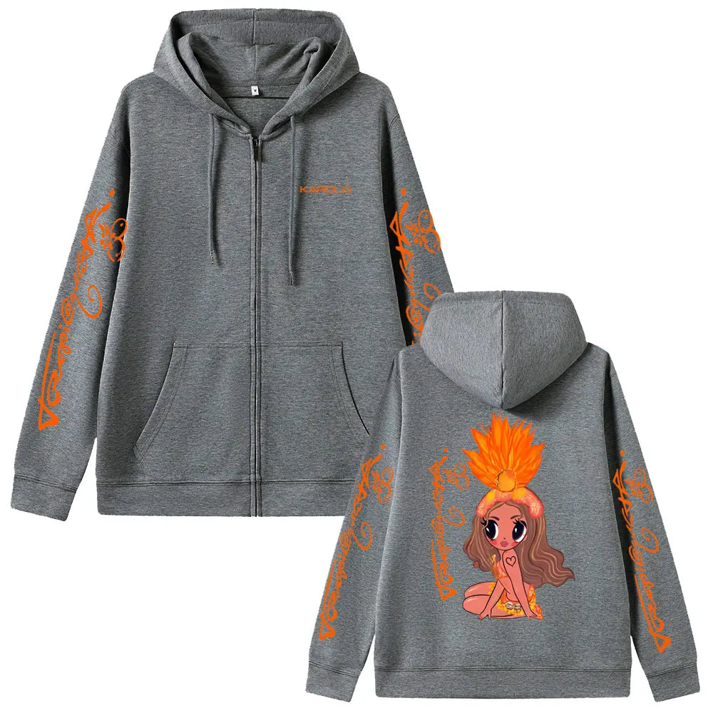 Karol G Tropicoqueta 2025 Zipper Hoodie Men Women Fashion Pop Music Zip Up Jacket Coat Unisex Casual Oversized Zip Up Sweatshirt