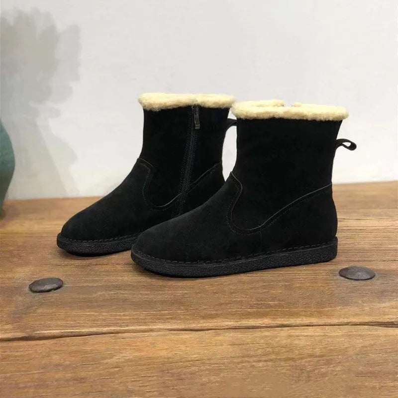 Careaymade-Genuine cow leather Snow cotton round head flats woolen short boots plush warm snow boots Oversized shoes size 35-43