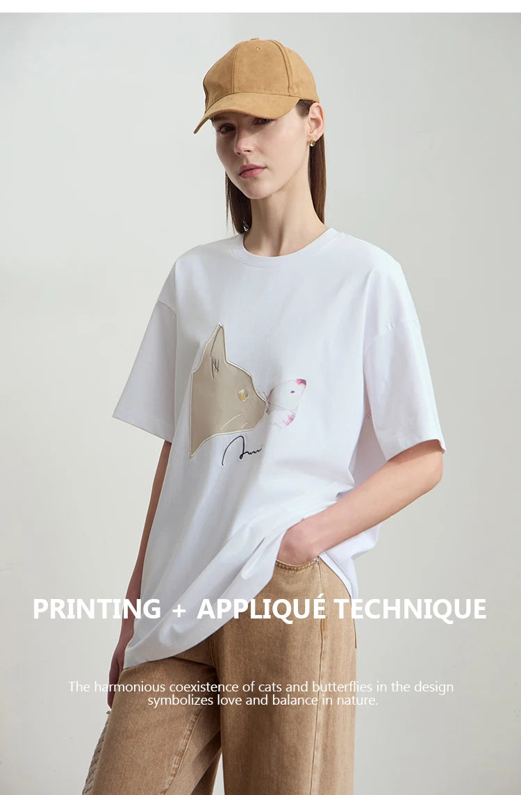 AMII Summer Casual T-shirt for Women 2025 Print Round Neck Short Sleeve Shirts Lady Fashion New Loose Clothes Woman 12522007