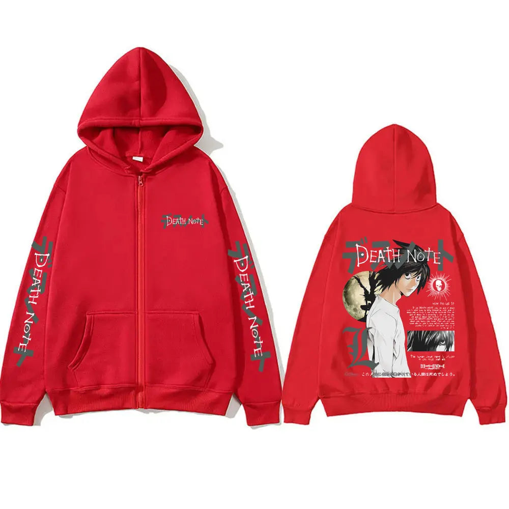 Anime Death Note L Lawliet Graphic Zipper Hoodie Men Women Casual Oversized Cotton Zip Up Jacket Male Vintage Zip Up Sweatshirt BAZAARHUBO