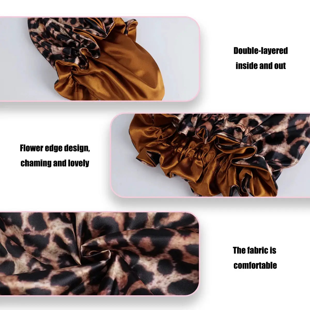 4Pcs Double Layer Satin Hair Bonnet Printed Leopard Splicing Design for Curly And Straight Hair Sleeping Cap BAZAARHUBO
