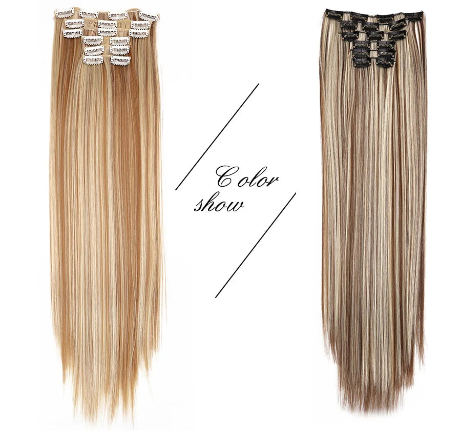 22 Inches Synthetic Long Straight Hairstyle 16 Clips 6Pcs/Set Hair Extensions Blonde Black Hairpieces Heat Resistant For Women