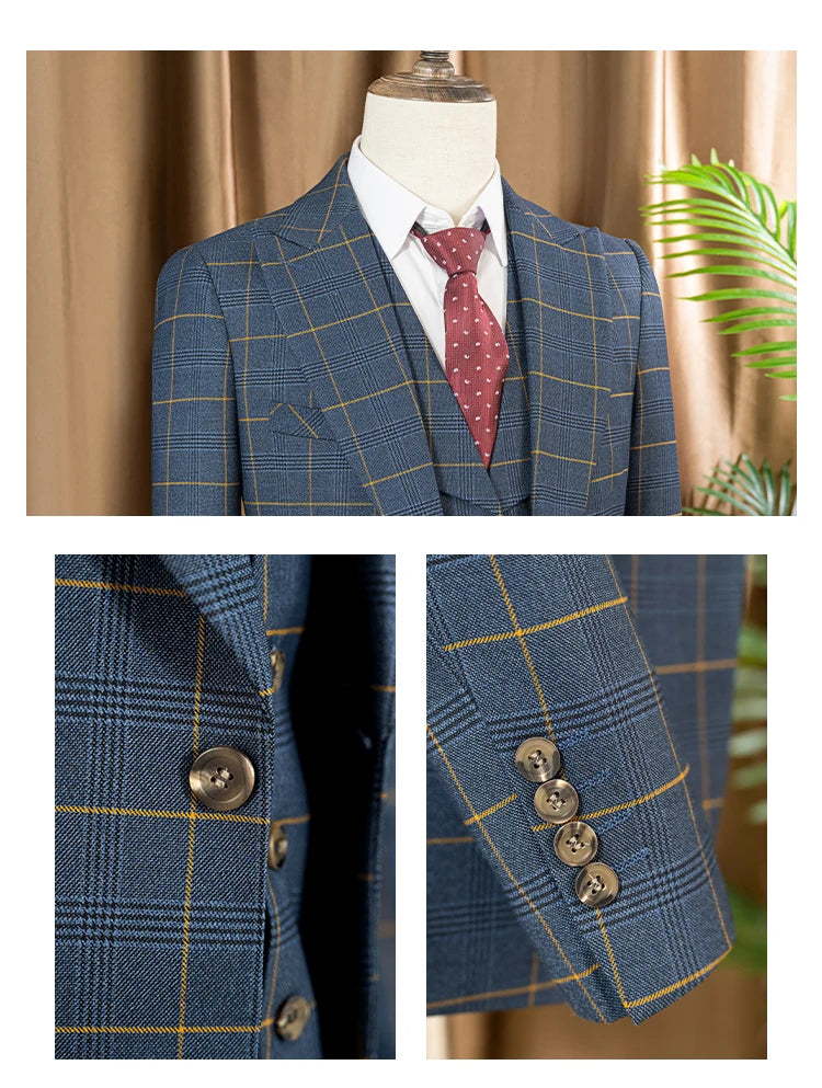 ST Cassy high quality 3 Piece Checkered Suit Set Men Stylish Business Office Wedding Formal Outfit full Elegant man suit