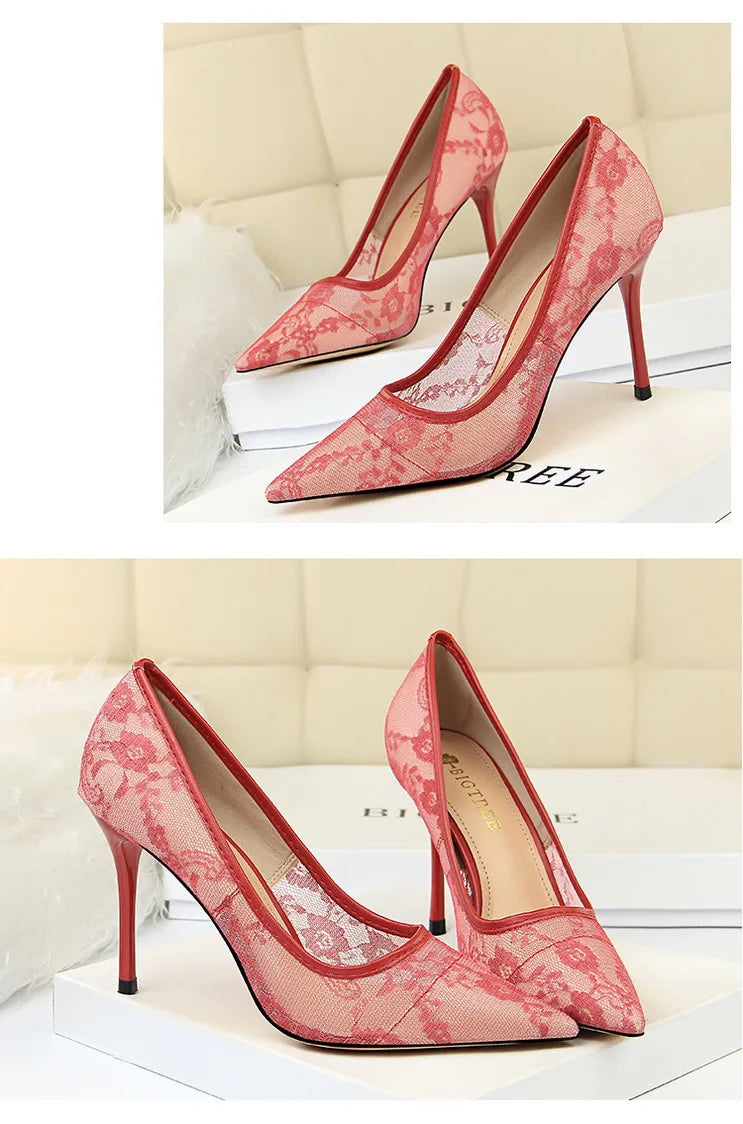 Women Fashion Sexy Pumps High Heels Shoes Female Sexy Wedding Shoes Ladies Stiletto Women New Pointed Toe Mesh Hollow Lace Heels