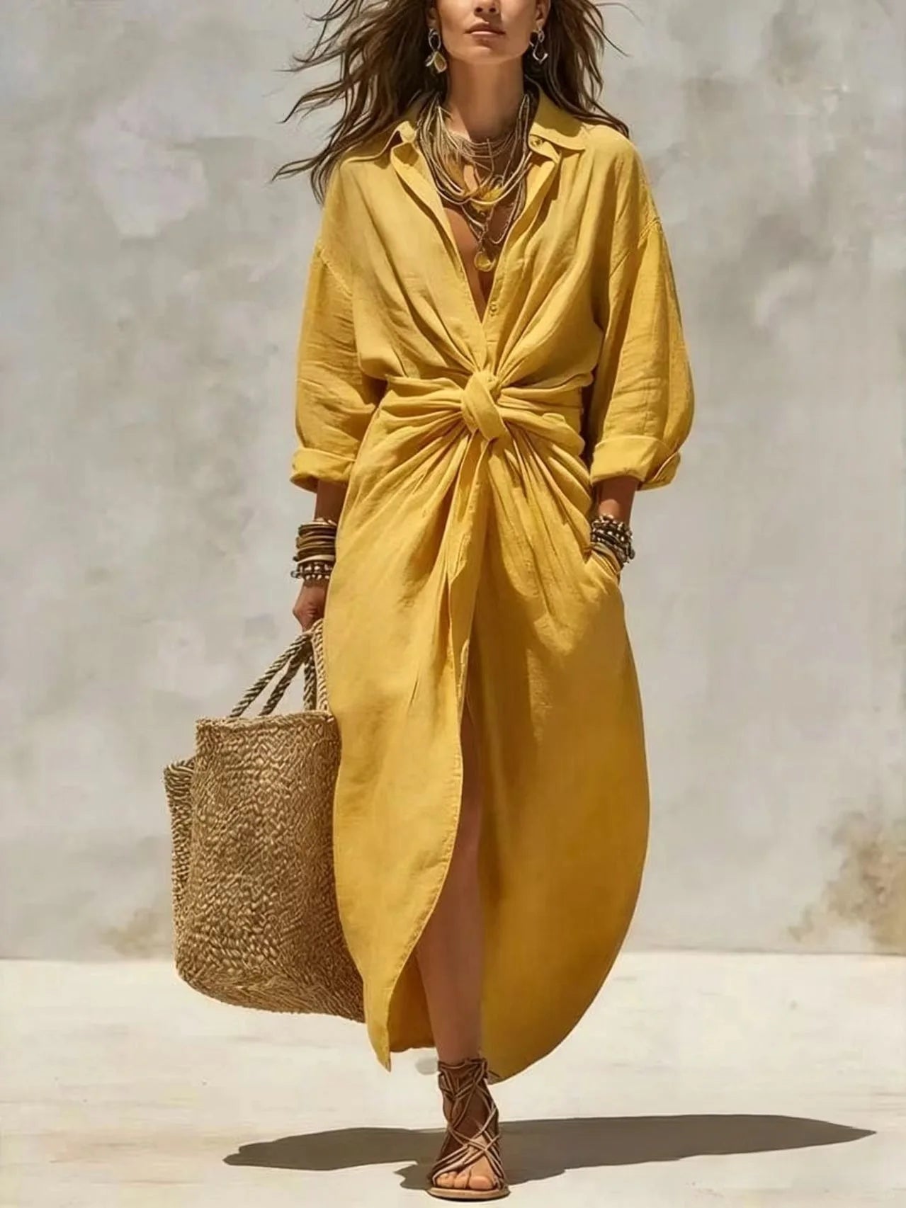 Boho White Linen Cotton Shirt Dress Long Sleeve High Waist Knot Maxi Dress Casual Loose Split Hem Summer Beach Dresses for Women
