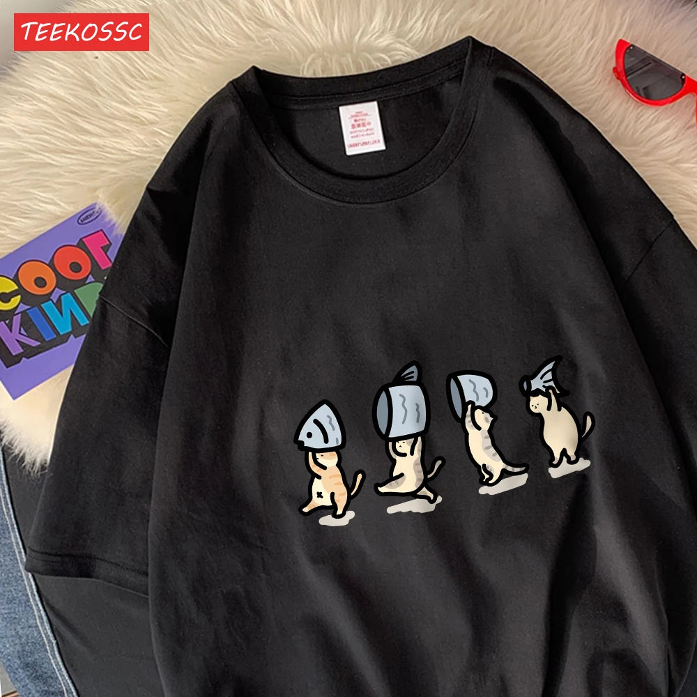 Four Little Cats Holding Fishcotton Women T-Shirts Cartoons Prints T Shirts Soft O-Neck Loose Short Sleeve Tops Summer Clothes