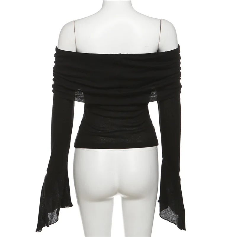 Y2k Aesthetic Women Translucence Tee Shirts Slash Neck Long Sleeve Solid Casual T-Shirts Vintage Off Shoulder Sexy Cute Tshirts