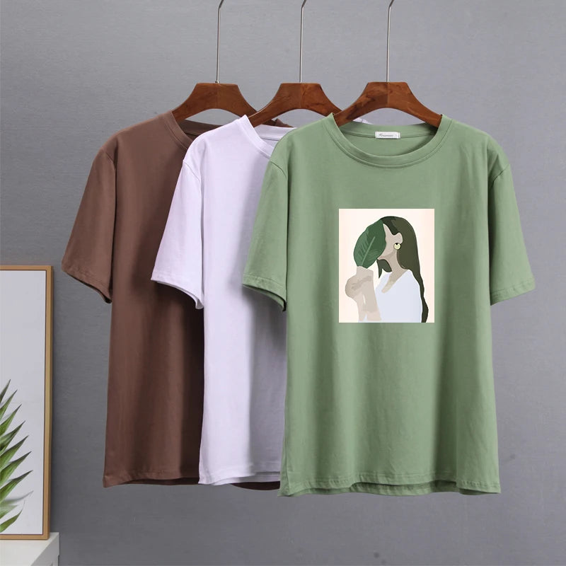 Hirsionsan Harajuku Printed T Shirt Women 2023 Summer Chic Tees 100% Cotton Elegant Graphic Clothes Loose Casual Pullover Tops