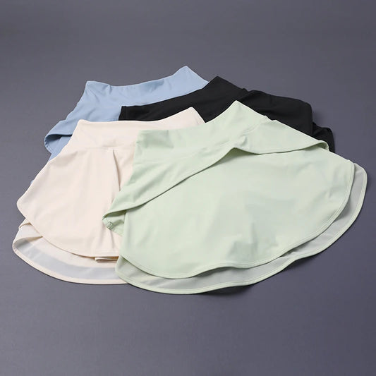 NO WORRY Tennis Skirt w/ Built-in Shorts - High Waisted Workout Skort for Running/Yoga | Solid Color w/ Lining & Anti-Slip