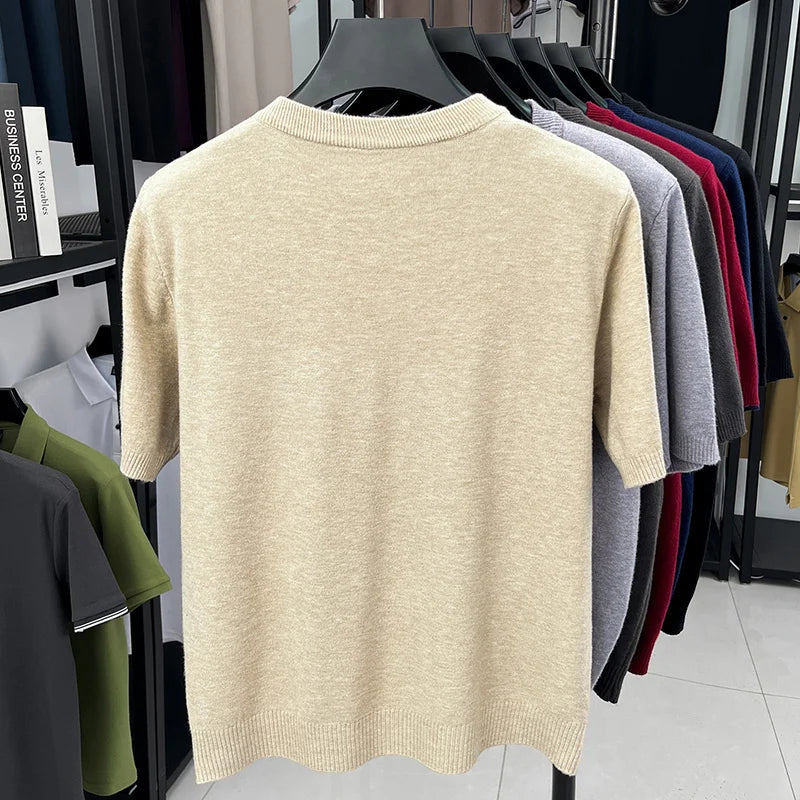 Mens V Neck Short Sleeve Wool Knit Pullover Soft Thin Knitwear For Business Office Daily Casual Spring Summer Basic Tops