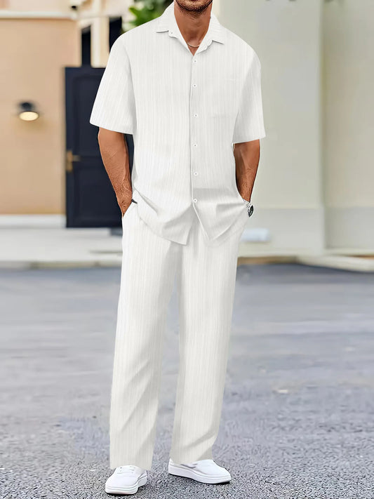 Men's casual suit, fashion comfortable linen solid color stand collar shirt street loose long sleeve two-piece