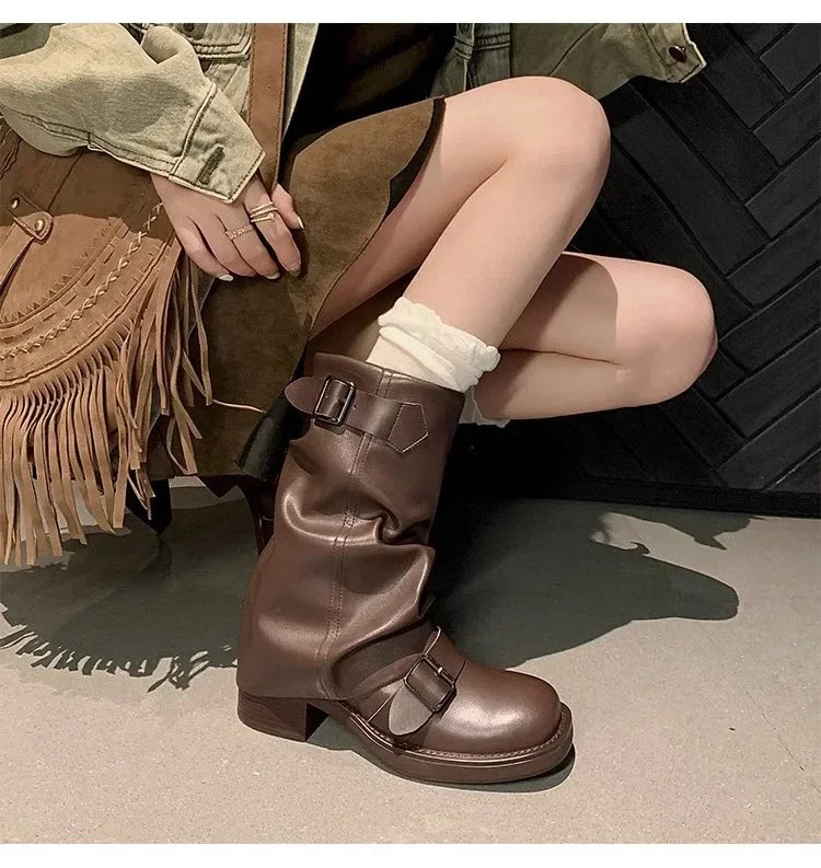 Pleated Buckle Knight Boots for Women Autumn Brown PU Leather Mid Calf Boots Woman Slip-On Thick Heel Riding 2024