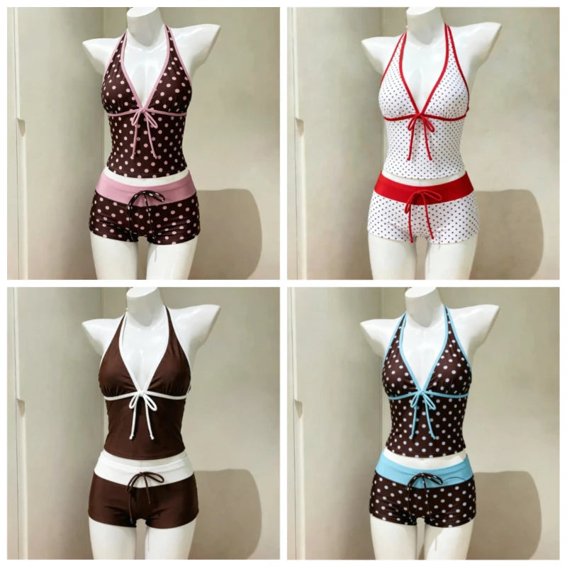 Seaside Style Womens 2-Piece Swim Suits Halter V Neck Tie Cami Top Slim Fit Contrast Waistband Holiday Beach Swimming Wear