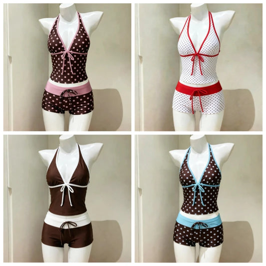 Seaside Style Womens 2-Piece Swim Suits Halter V Neck Tie Cami Top Slim Fit Contrast Waistband Holiday Beach Swimming Wear