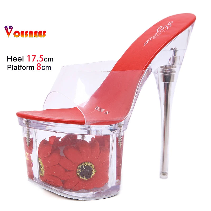 Crystal Transparent Shoes Women 17.5CM Super High Heels Plus Size Nightclub Sandals Clear Thin Heeled Fashion Female Slippers