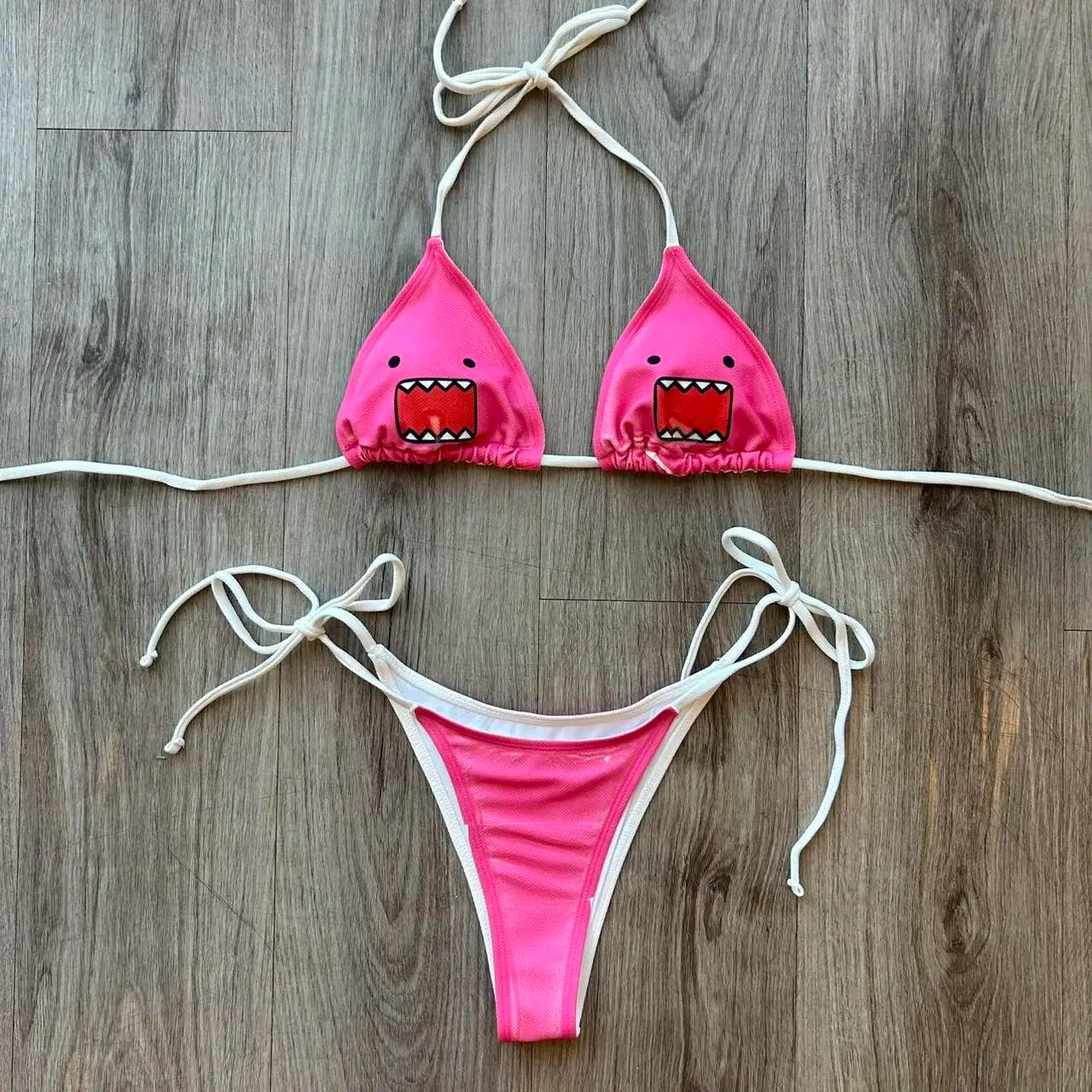 Ins Style Beachwear Bikini Women's Light Blue Shark Print Halter Tie Side Swimsuit