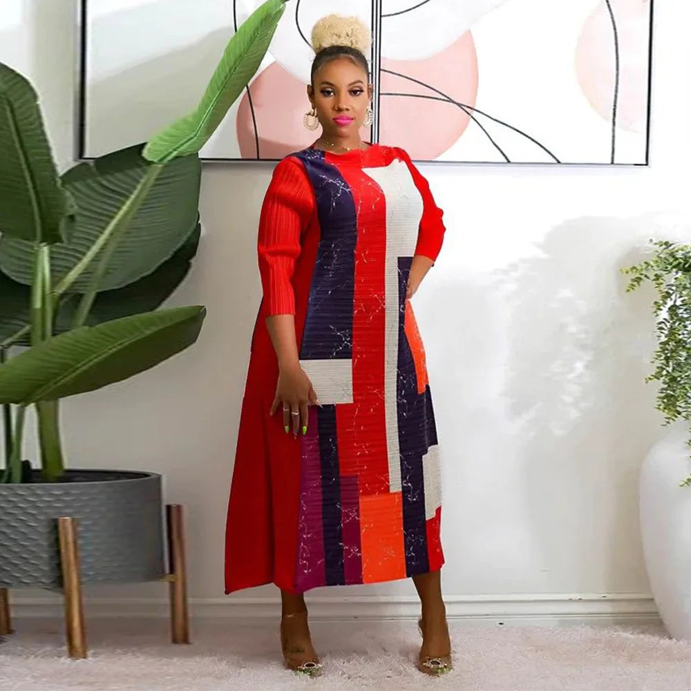 African Dresses for Women Summer Fashion Style African 3/4 Sleeve Polyester O-neck Pleated Dress Dashiki African Clothes Women