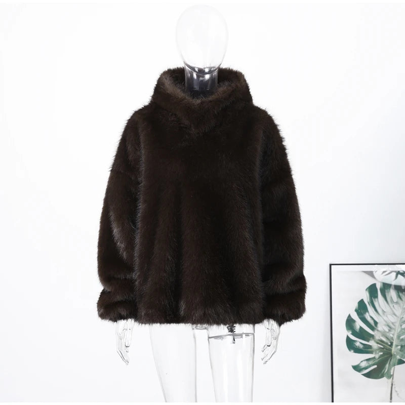 Luxury Faux Fur Hooded Pullovers Women's Loose Full Sleeve Stand Collar Pocket Coats 2025 New Autumn Winter Ladies Solid Outwear