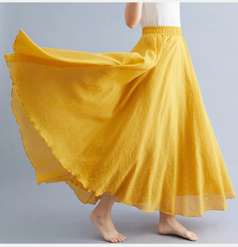 New 2020 Women Linen Cotton Long Elastic Waist Pleated Maxi Skirt Beach Vintage