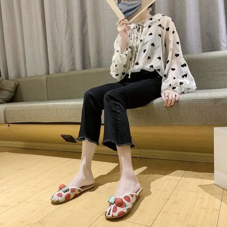 Slides Kawaii Shoes Round Toe Cute Women's Slippers and Ladies Sandals Mules Summer 2025 Flat Outside Comfortable Elegan Y 39 W