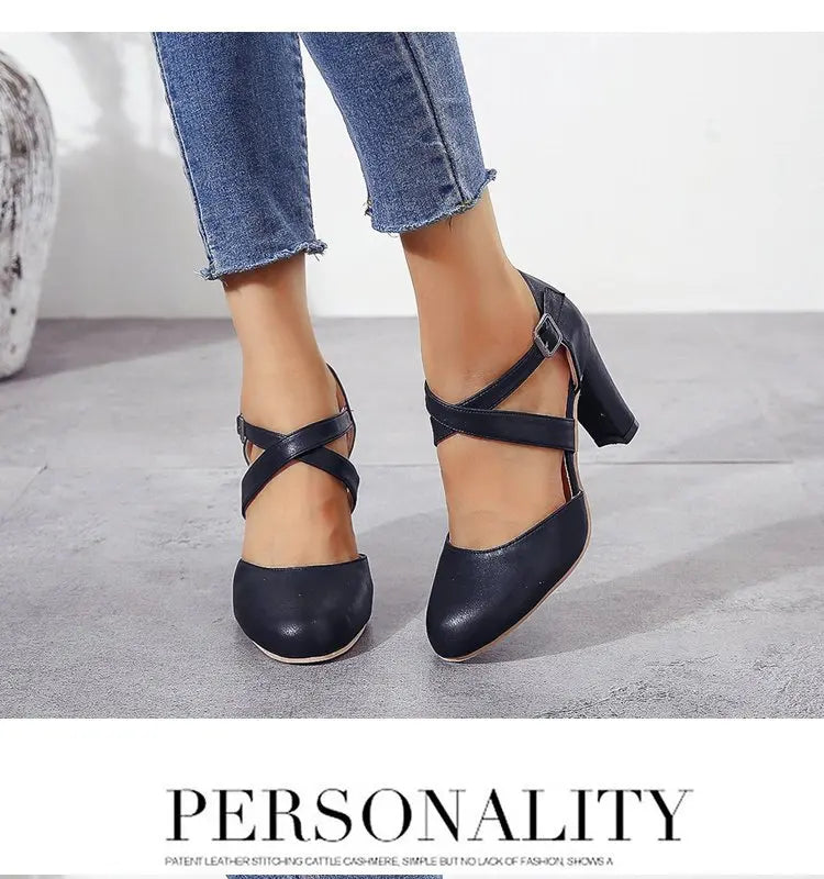 Women High Heels Shoes 2023 Autumn New Round Toe Chunky Heel Casual Platform Women's Shoes Female Belt Buckle