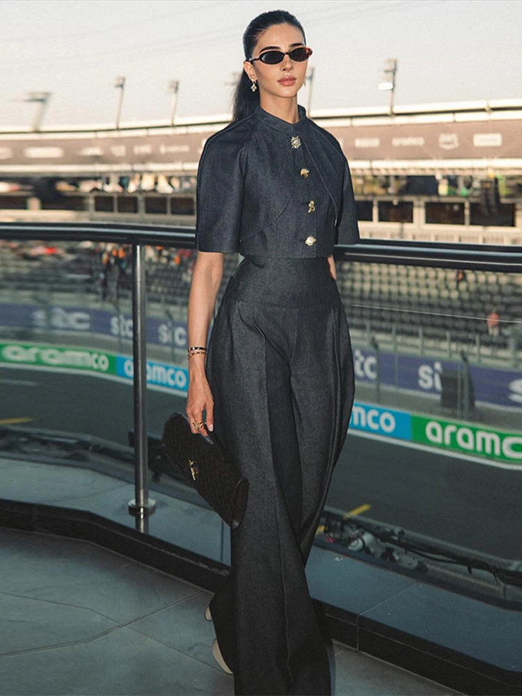 Women Denim Coat Pants Set Middle Sleeve Single Breasted Top Jackets High Waist Leg Loose Trouser Suit Lady Elegant Chic Sets