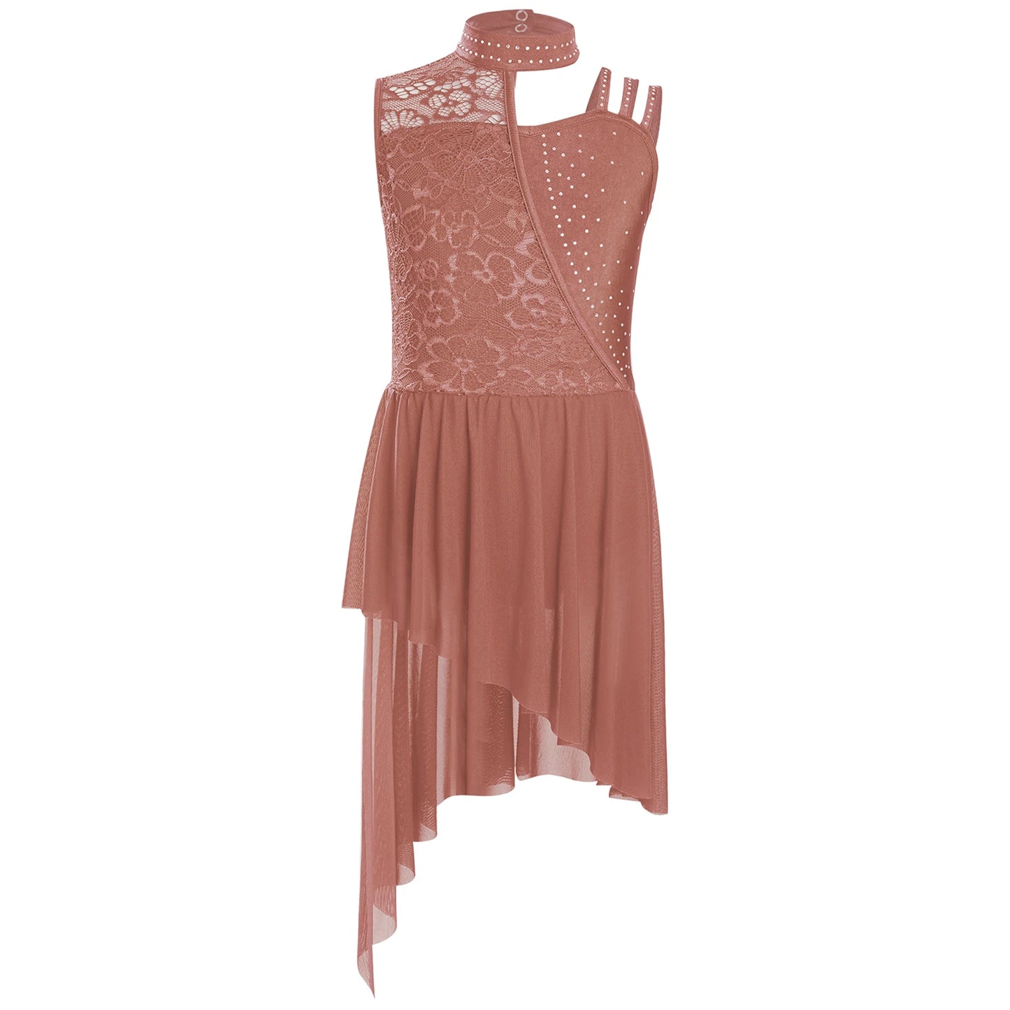 Kids Girls Ballet Lyrical Dance Dress Sleeveless Modern Contemporary Dancewear Floral Lace Rhinestones Gymnastics Leotard Dress