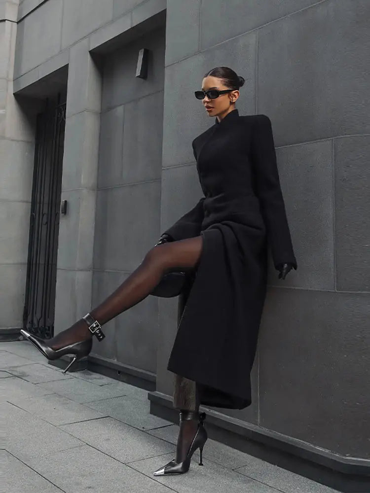Elegant Long Coat Women V-neck Solid Slim Single-breasted Waist-closed Jackets Lady 2026 Spring Chic Female Streetwear