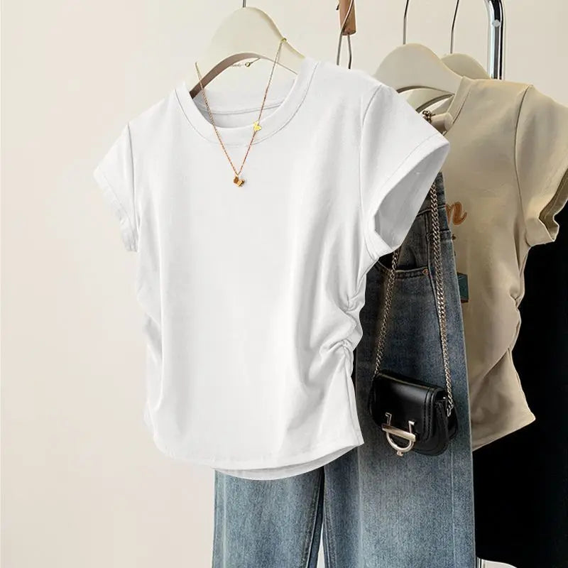 Women Summer Short Sleeve Top Slim Fit Round Neck Tee Breathable Casual