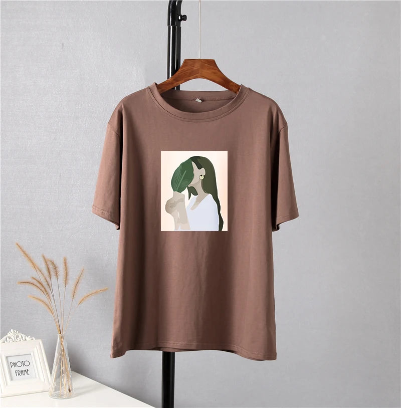 Hirsionsan Harajuku Printed T Shirt Women 2023 Summer Chic Tees 100% Cotton Elegant Graphic Clothes Loose Casual Pullover Tops