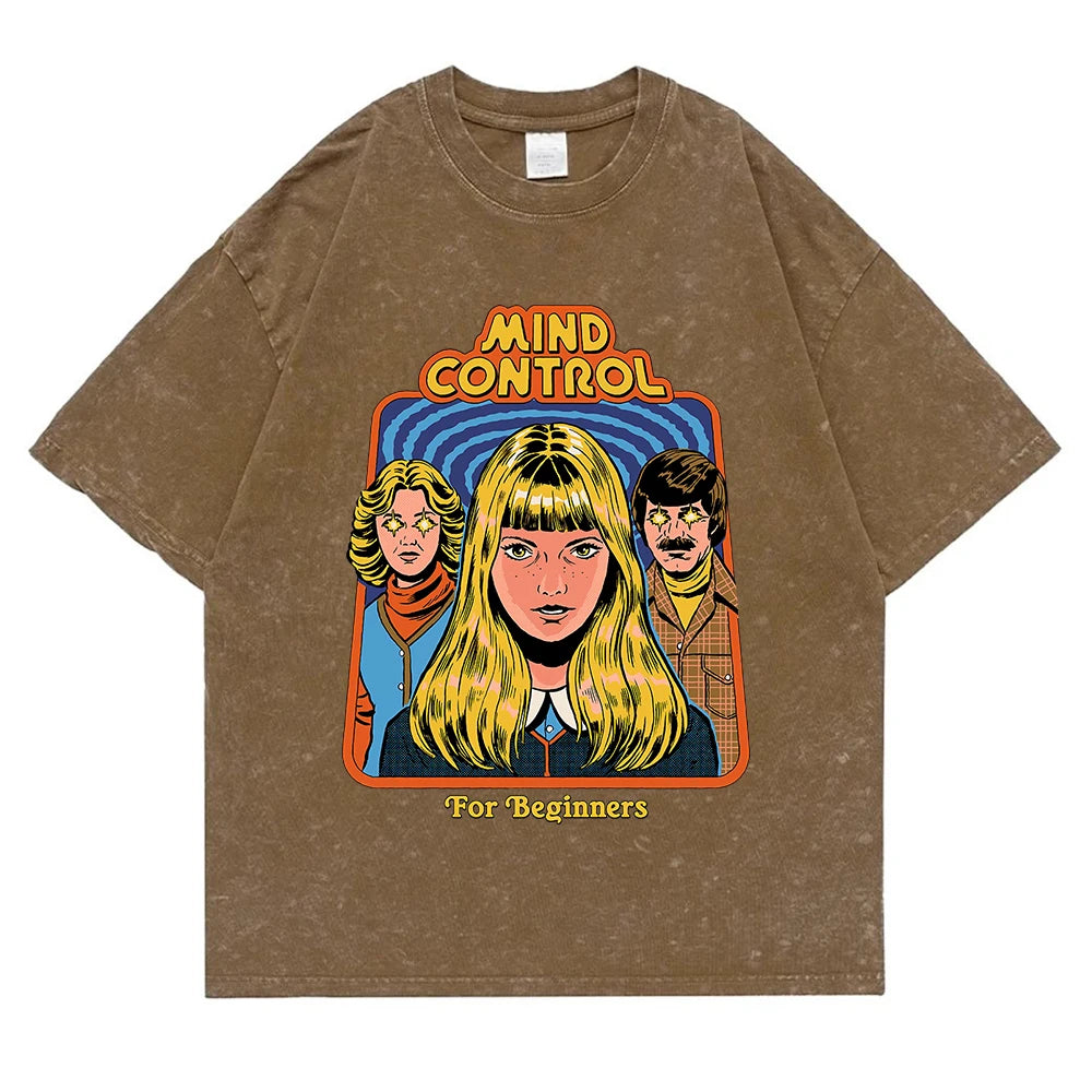 Mind Control For Beginners Washed Retro Men T Shirt Casual Oversize T-Shirt High Quality Cotton T-Shirt Summer Short Sleeve