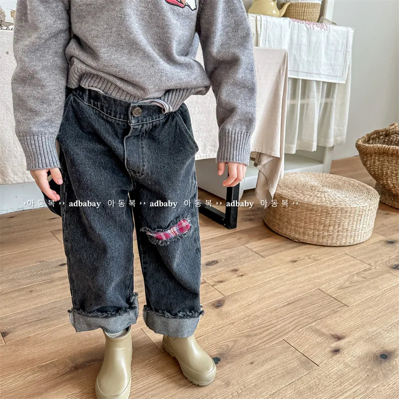2023 Autumn Spring Baby Girls Boys Denim Pants Loose Fashion Korean Style Kids Casual Jeans Toddler Trouser Children's Clothes