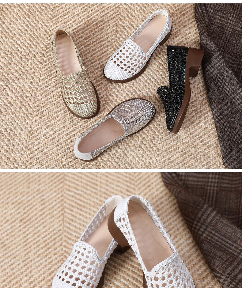 Summer Hollow Woven Breathable Shoes Women Sandals Big Size Thick Heels Genuine Leather Shoes Summer Casual Sandals