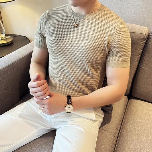 Summer Breathable T-Shirts For Men Korean Luxury Clothing O-Neck Short Sleeve Knitted Men's T Shirt Fashion Hollow Tops&Tees 3XL
