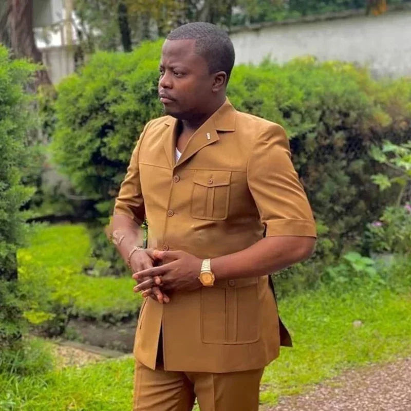 Safari Men Suits with Short Sleeve 2 Pieces Single Breasted Stand Notch Lapel African Fashion Style Set Jacket Pants