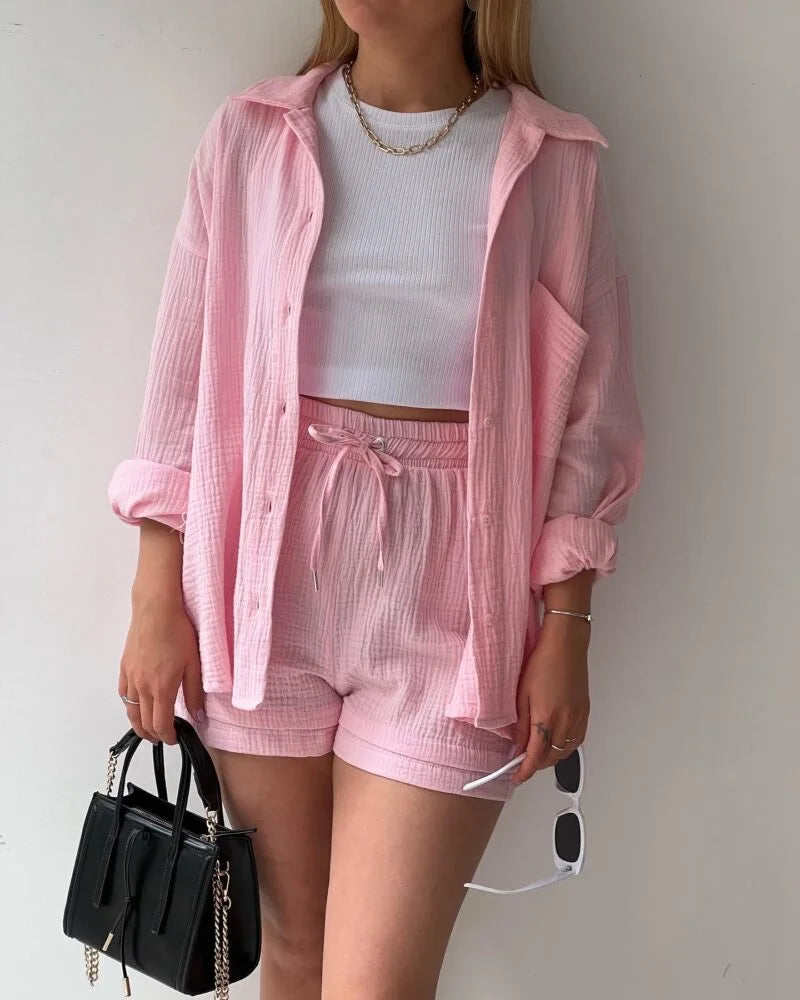 Casual Sleepwear 100% Cotton Pajamas For Women Sets Suit Turn-Down Collar Nine Quarter Sleeve Sleep Tops Shorts Female Homewear